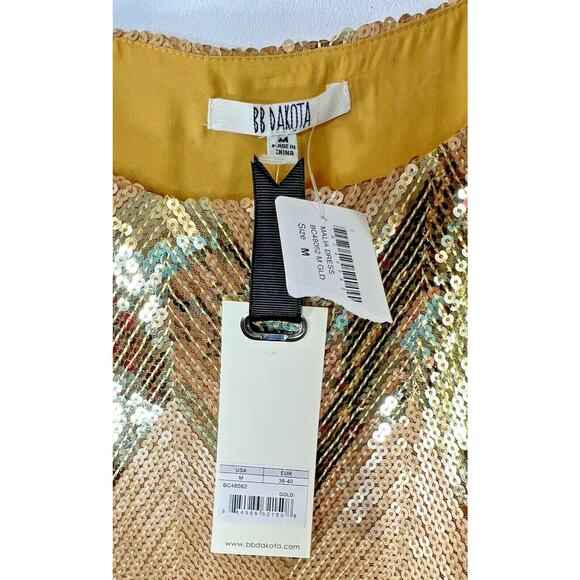 New BB Dakota Malia Gold Chevron Sleeveless Sequined Shift Dress Womens Medium‎